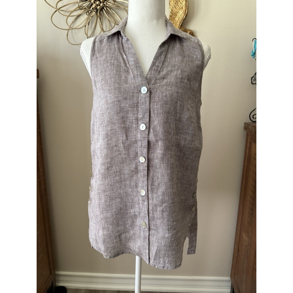 J Jill Love Linen Tunic Top XS Brown Sleeveless Button Front 100% Linen